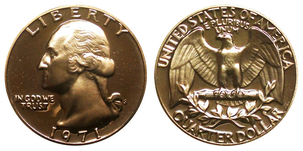 Grading strip showing four 1971 Washington quarters from worn Good grade through gem uncirculated MS-66 illustrating all condition tiers