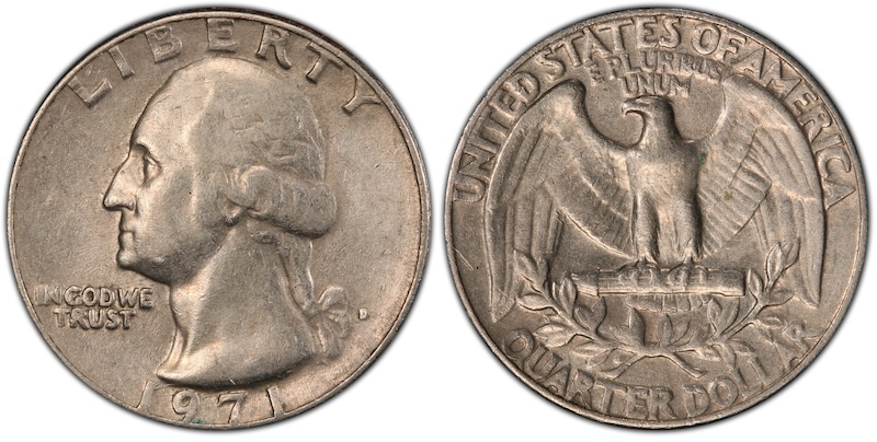 Side-by-side comparison of normal 1971 quarter reverse lettering versus DDR FS-801 doubled die reverse showing doubled letters in UNITED STATES OF AMERICA