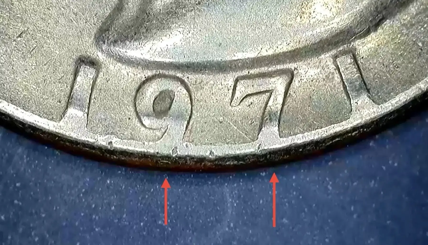 1971 Washington quarter with dramatic off-center strike showing shifted design and blank crescent area with full date still visible