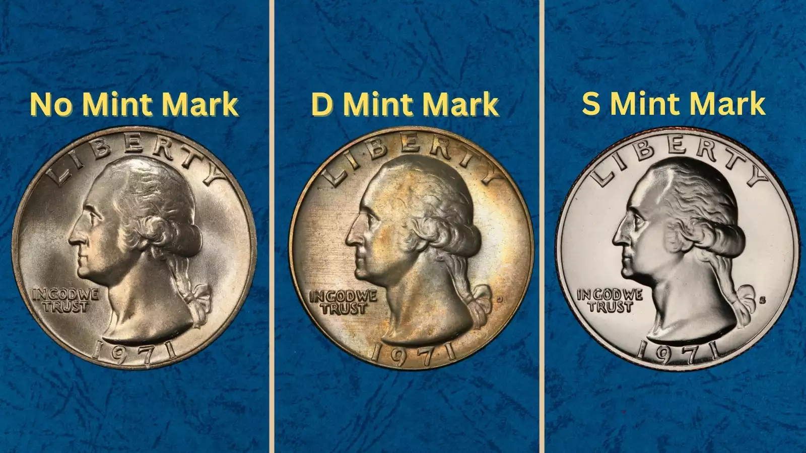 Group of 1971 Washington quarters from Philadelphia, Denver, and San Francisco mints showing all three mint varieties